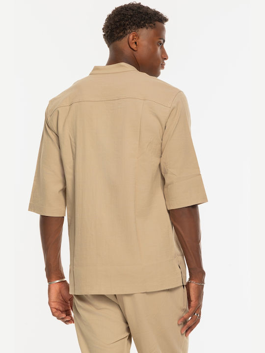 Vittorio Artist Herrenhemd Overshirt Kurzärmelig Leinen Beige