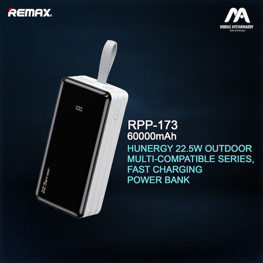 Remax RPP-173 Power Bank 60000mAh 22.5W με 4 Θύρες USB-A και Θύρα USB-C Λευκό