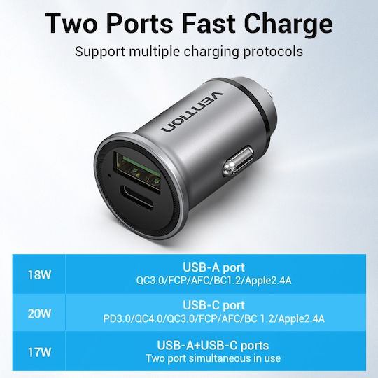 Vention Φορτιστής Αυτοκινήτου 18W με Θύρες: 1xUSB 1xType-C Γκρι
