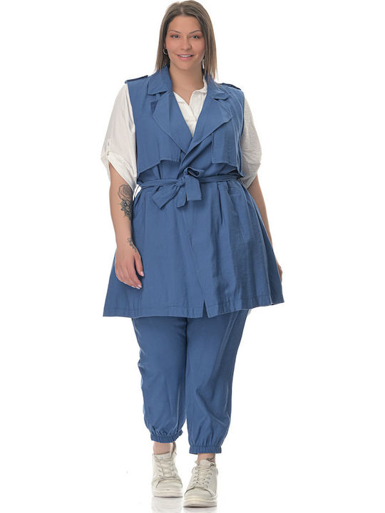 Women's High-waisted Fabric Capri Trousers with Elastic Blue