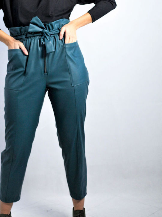 Women's High-waisted Fabric Trousers Baggy Line Blue