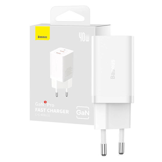 Baseus Charger Without Cable GaN with 2 USB-C Ports 40W Whites (Gan5)
