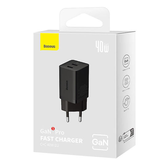 Baseus Charger Without Cable GaN with 2 USB-C Ports 40W Blacks (Gan5)