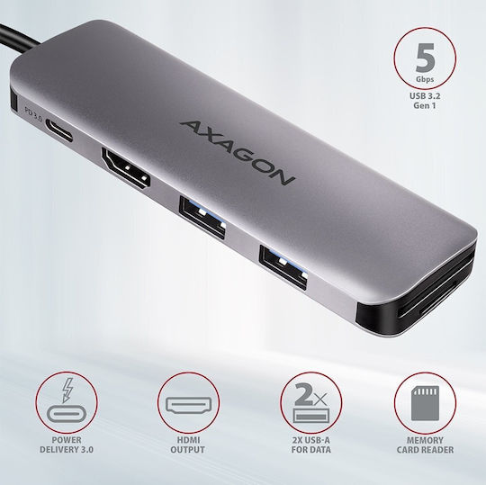 Axagon HMC-5 USB-C Docking Station mit HDMI 4K PD Silber