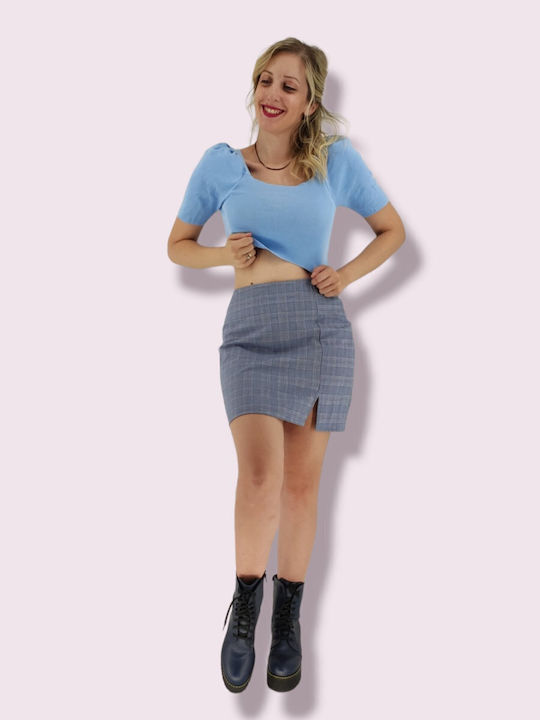 Ψηλόμεση Mini Φούστα Καρό Μπλε