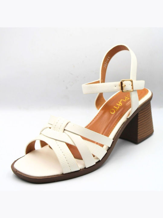 Diamantique Synthetic Leather Women's Sandals White with Chunky Medium Heel