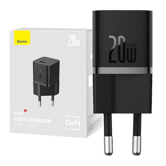 Baseus Ladegerät ohne Kabel GaN mit USB-C Anschluss 20W Stromlieferung / Schnellaufladung 5.0 Schwarzs (Gan5)