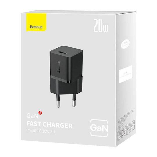 Baseus Ladegerät ohne Kabel GaN mit USB-C Anschluss 20W Stromlieferung / Schnellaufladung 5.0 Schwarzs (Gan5)