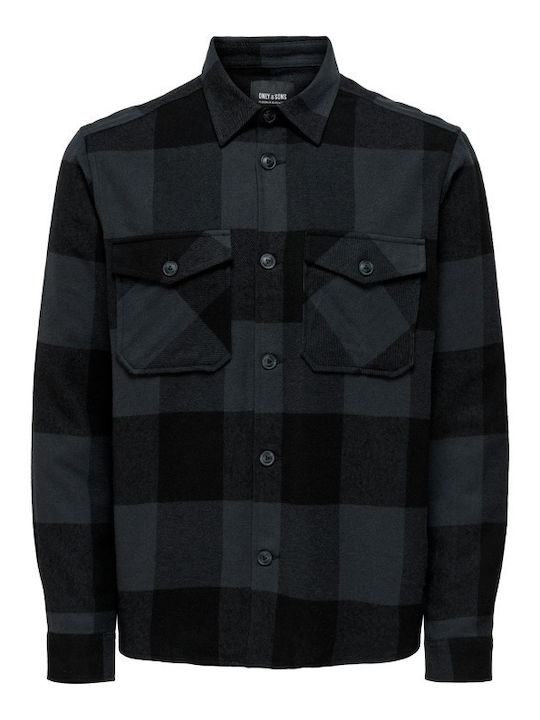 Μακρυμάνικo Φανελένιο Overshirt σε Κανονική Γραμμή Καρό Μπλε