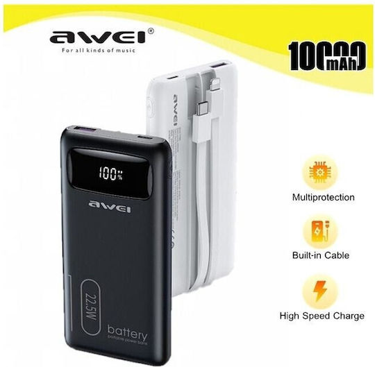 Awei P168K Power Bank 10000mAh 22.5W με Θύρα USB-A και Θύρα USB-C Quick Charge 3.0 Λευκό