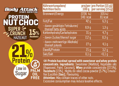 Body Attack Praline Spread Crunchy Protein Nut Choc - Hazelnut Super Crunchwith Extra Protein 250gr