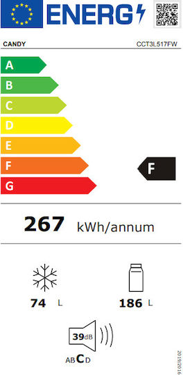 Candy Ψυγειοκαταψύκτης 260lt Υ176xΠ54.5xΒ55εκ. Λευκός CCT3L517FW