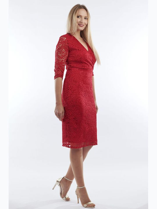 BelleFille Midi Evening Dress Wrap with Lace Red