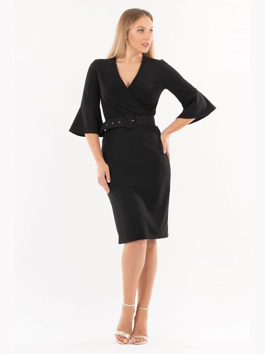 BelleFille Midi Dress 3/4 Sleeve Wrap Black