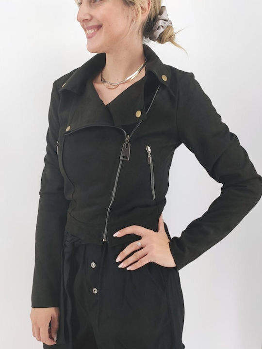 Women's Short Biker Suede Jacket for Winter Black