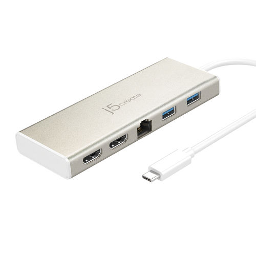 J5create USB-C Докинг станция с HDMI 4K PD Ethernet и свързване 2 монитора Златист (JCD381)