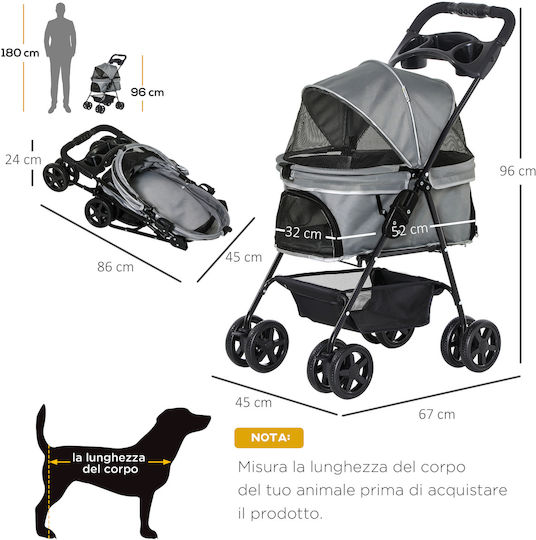 Pawhut Καρότσι για Μεταφορά Σκύλου έως 4kg Γκρι Μ96xΠ67xΥ45εκ.