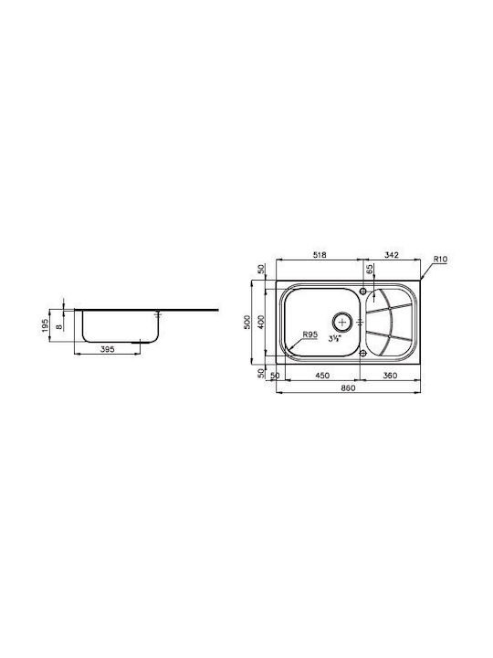 Foster Big Bowl Δεξιός Ένθετος Νεροχύτης Inox Σατινέ Μ86xΠ50cm Ασημί