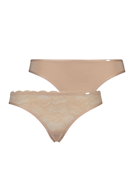 Angie Γυναικεία String 2Pack με Δαντέλα Καφέ