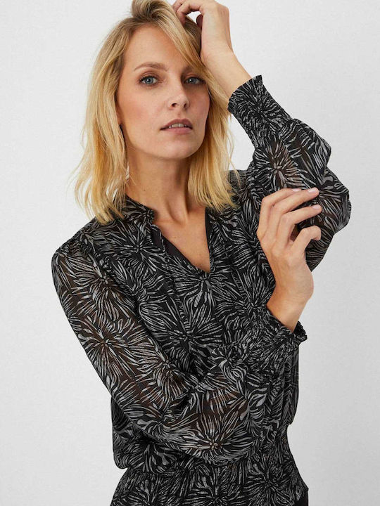 Make your image Damen Bluse Langärmelig mit V-Ausschnitt Blumen Schwarz