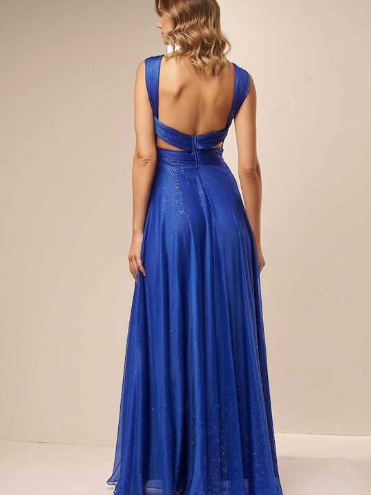 Bellona Καλοκαιρινό Maxi Βραδινό Φόρεμα με Σκίσιμο Μπλε