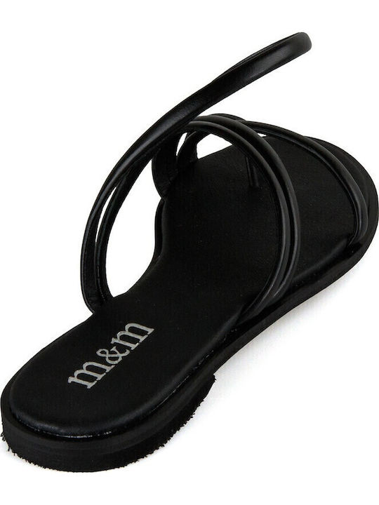 Leather Women's Flat Sandals with Strap in Black Color