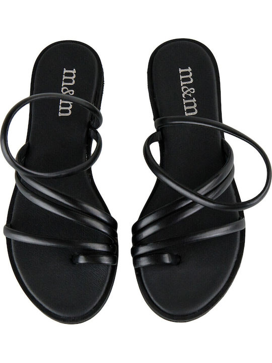 Leather Women's Flat Sandals with Strap in Black Color