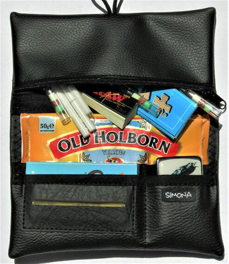 Simona Handgemacht Lederne Tabaktasche in Schwarz mit Schnur 16x10cm