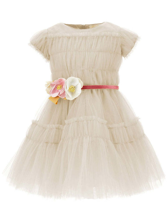 Monnalisa Kids Dress Tulle Short Sleeve Beige