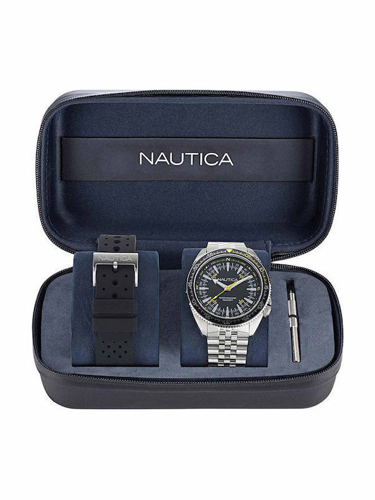 Nautica Ανδρικό Ρολόι 44mm Μπαταρίας με Ασημί Καουτσούκ Λουράκι