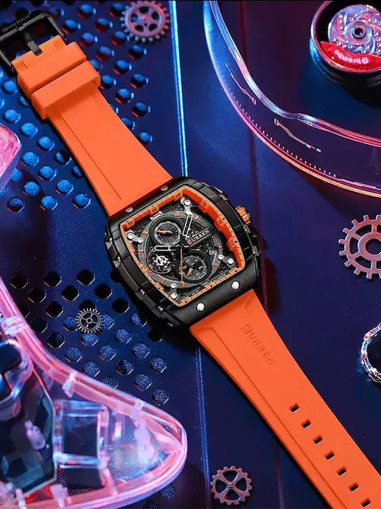 Curren Men's Watch 47mm Chronograph Battery with Orange Rubber Strap