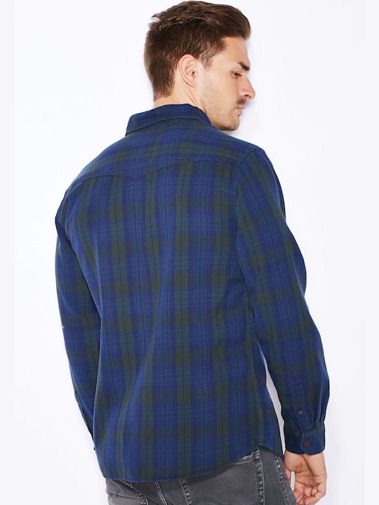 Tokyo Laundry Men's Shirt Long Sleeve Cotton Checked Navy Blue