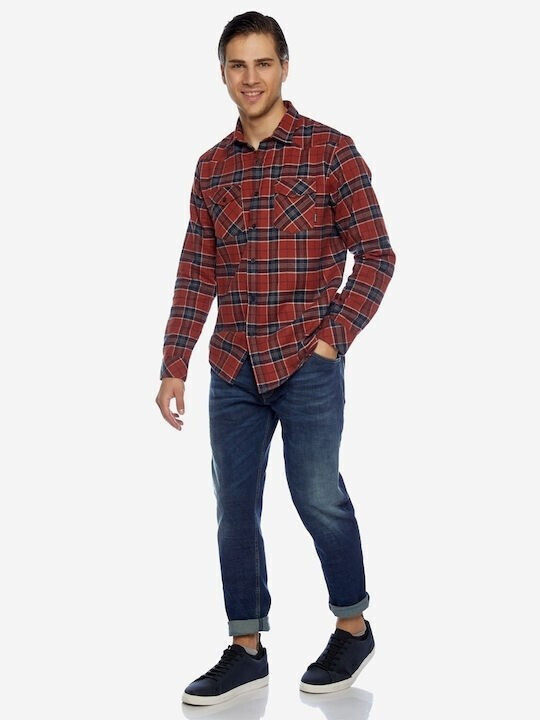 Camaro Men's Shirt Long Sleeve Denim Checked Red