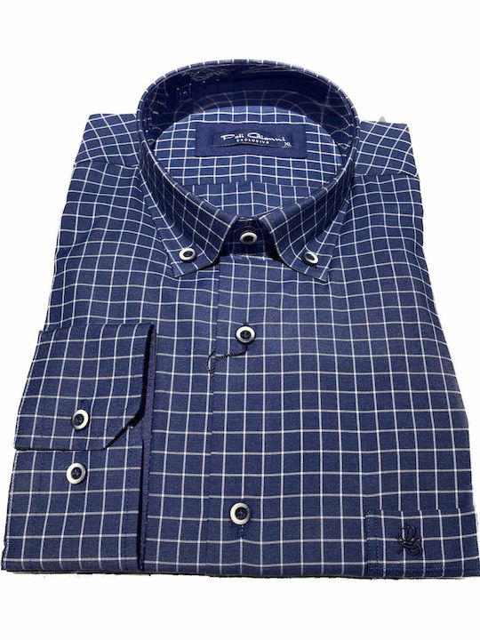 Poli Gianni Men's Shirt Long Sleeve Cotton Checked Navy Blue