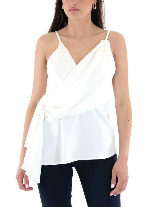 MY T Women's Summer Blouse with Straps & V Neck White