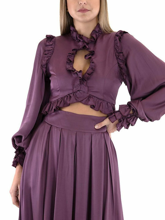 Lace Women's Crop Top Long Sleeve Purple