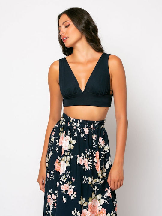 Women's Summer Crop Top Sleeveless with V-Neck Navy Blue