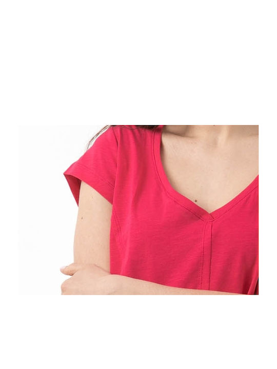 Simple Fashion Women's Summer Blouse Cotton Short Sleeve with V Neckline Fuchsia