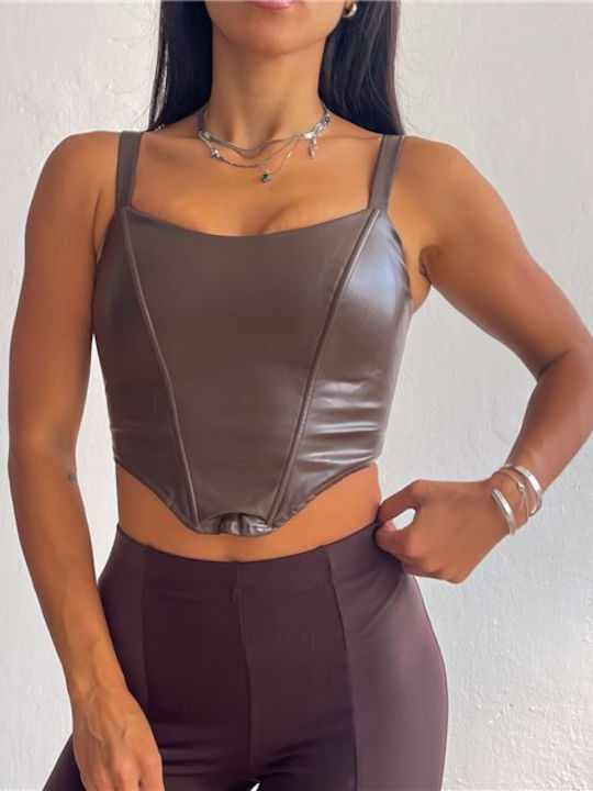 Chica Damen Crop Top Leder mit Trägern Braun