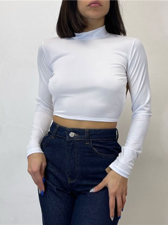 Chica Damen Crop Top Rollkragenpullover Langarm Weiß