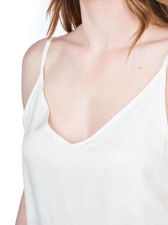 Women's Summer Blouse Satin with Straps & V Neckline White