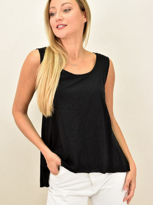 First Woman Women's Summer Blouse Cotton Sleeveless Black