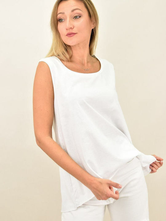 First Woman Women's Summer Blouse Cotton Sleeveless White