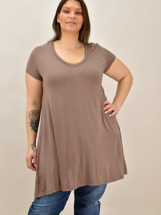 First Woman Damen Sommerliche Bluse Kurzärmelig mit V-Ausschnitt Beige