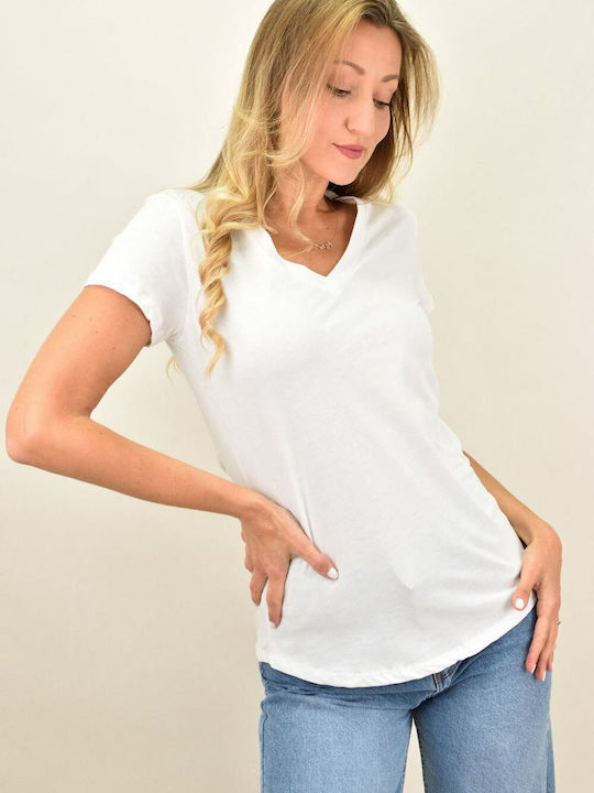 First Woman Women's Summer Blouse Cotton Short Sleeve with V Neckline White