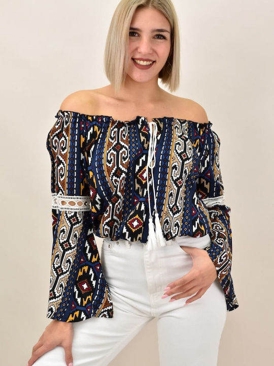 First Woman pentru Femei Crop Top Bluză cu umerii goi cu Mâneci Lungi Albastru marin