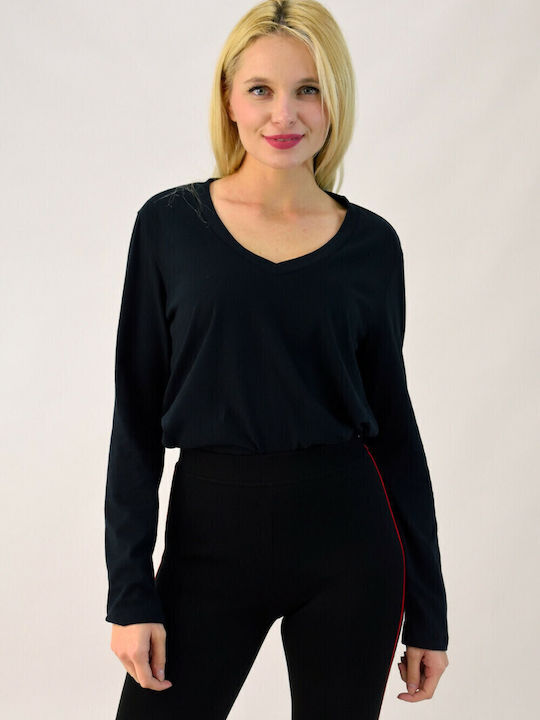 Bluza Damă Bumbac Mânecă Lungă cu Decolteu în V Neagră