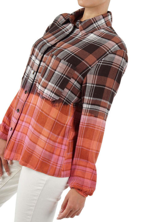 Leadof Camicia Μακρυμάνικο Γυναικείο Πουκάμισο Καφέ Καρό