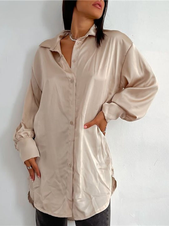 Chica Langärmelig Damen Satin Hemd Beige Monochrom