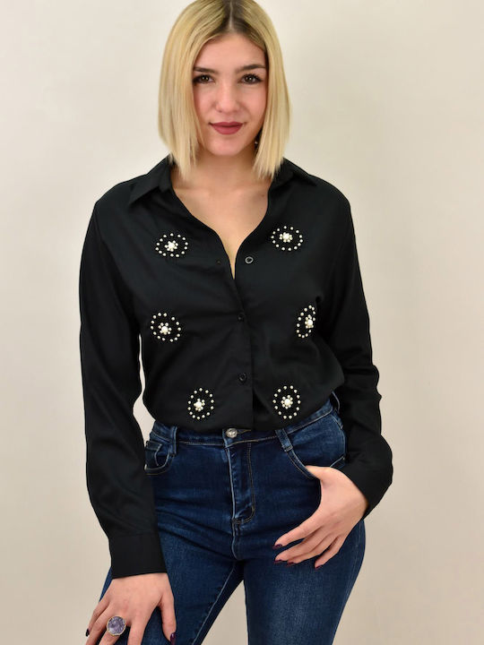 Langärmelig Damen Hemd Schwarz Druck